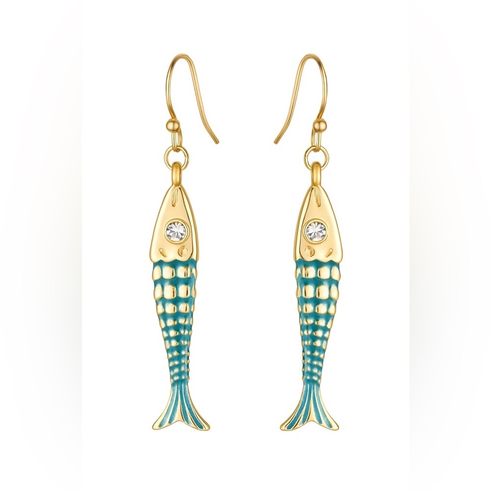 Boho Gold & Teal Fish Dangle Earrings Ocean-Inspired Statement Jewelry